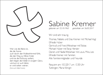 Anzeige von Sabine Kremer von Schwäbische Zeitung