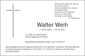 Anzeige von Walter Weih von Schwäbische Zeitung