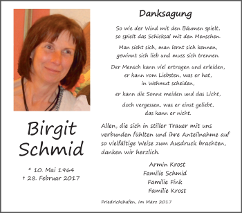 Anzeige von Birgit Schmid von Schwäbische Zeitung