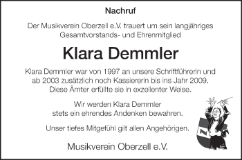 Anzeige von Klara Demmler von Schwäbische Zeitung