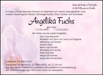 Anzeige von Angelika Fuchs von Schwäbische Zeitung