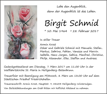 Anzeige von Birgit Schmid von Schwäbische Zeitung