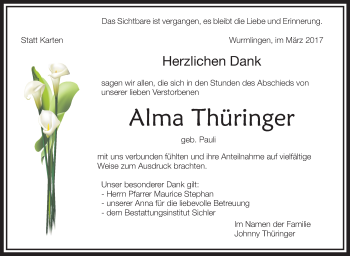 Anzeige von Alma Thüringer von Schwäbische Zeitung