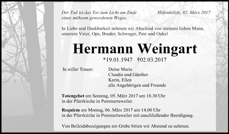  Traueranzeige für Hermann Weingart vom 04.03.2017 aus Schwäbische Zeitung
