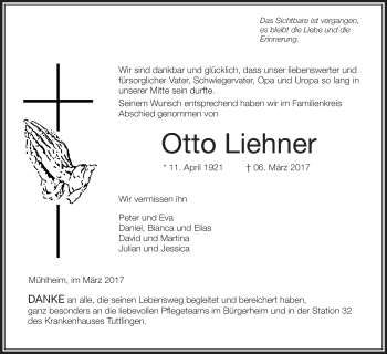 Anzeige von Otto Liehner von Schwäbische Zeitung