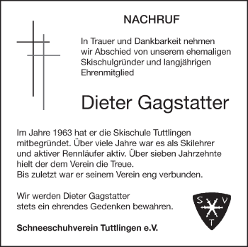 Anzeige von Dieter Gagstatter von Schwäbische Zeitung