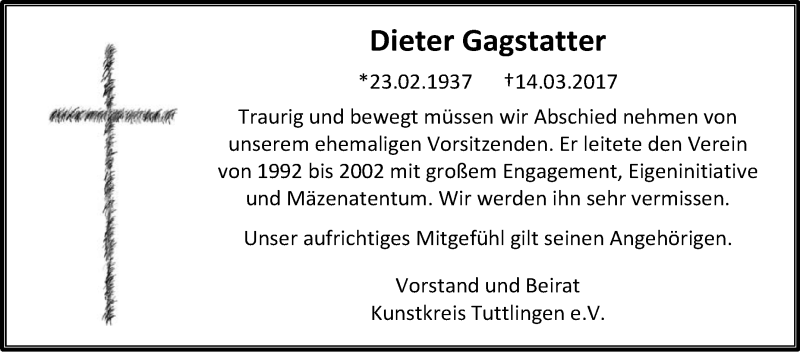  Traueranzeige für Dieter Gagstatter vom 25.03.2017 aus Schwäbische Zeitung