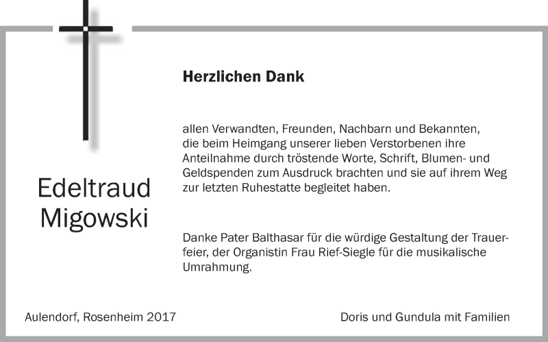  Traueranzeige für Edeltraud Migowski vom 04.03.2017 aus Schwäbische Zeitung
