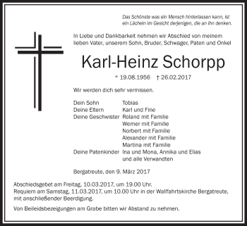 Anzeige von Karl-Heinz Schorpp von Schwäbische Zeitung