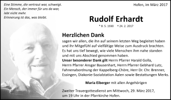 Anzeige von Rudolf Erhardt von Schwäbische Zeitung