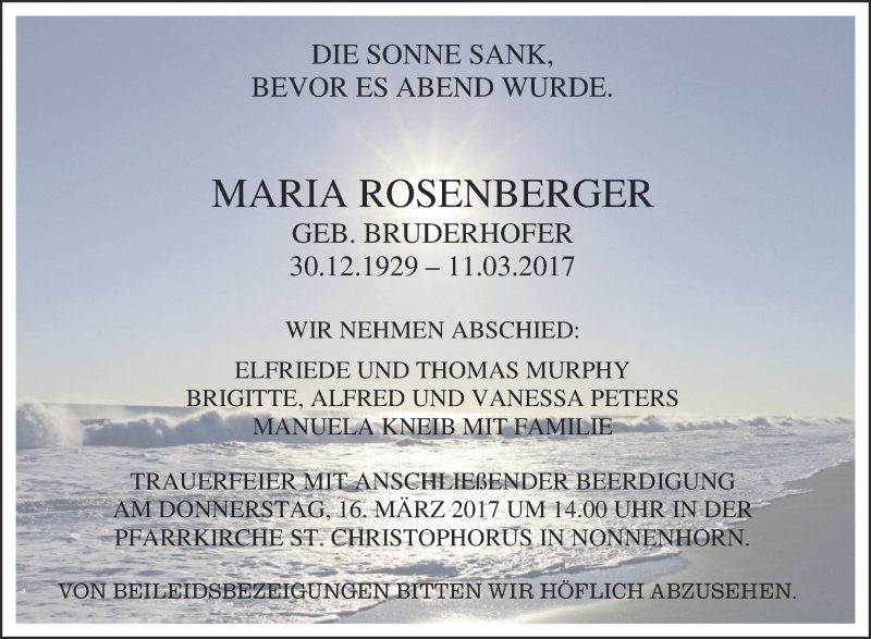  Traueranzeige für Maria Rosenberger vom 14.03.2017 aus Schwäbische Zeitung
