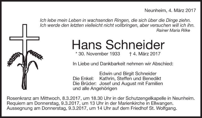  Traueranzeige für Hans Schneider vom 07.03.2017 aus Schwäbische Zeitung