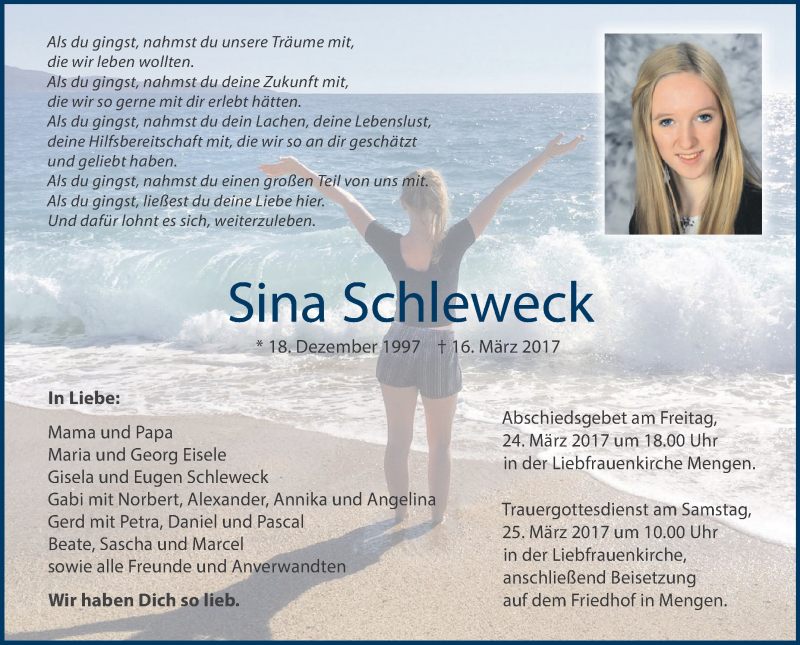  Traueranzeige für Sina Schleweck vom 22.03.2017 aus Schwäbische Zeitung