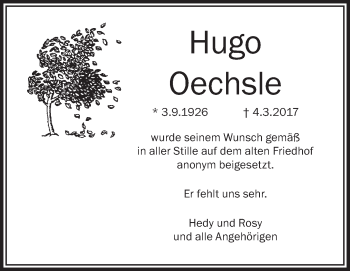 Anzeige von Hugo Oechsle von Schwäbische Zeitung