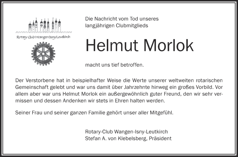  Traueranzeige für Helmut Morlok vom 18.03.2017 aus Schwäbische Zeitung