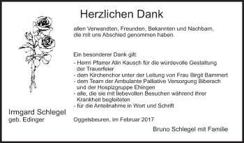 Anzeige von Irmgard Schlegel von Schwäbische Zeitung
