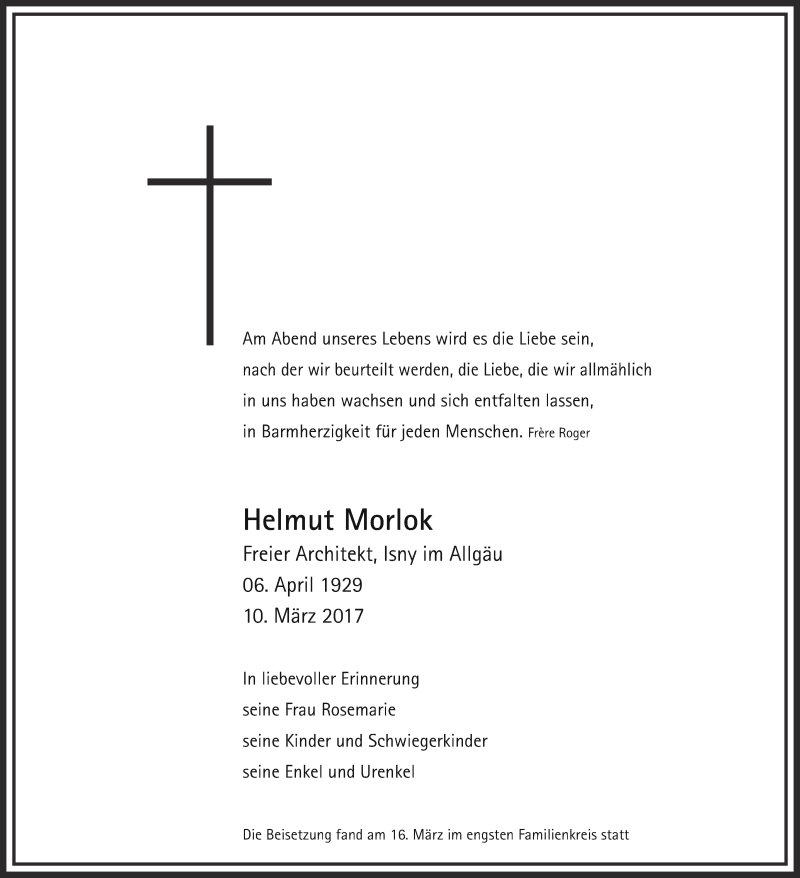  Traueranzeige für Helmut Morlok vom 17.03.2017 aus Schwäbische Zeitung