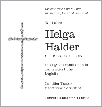 Anzeige von Helga Halder von Schwäbische Zeitung