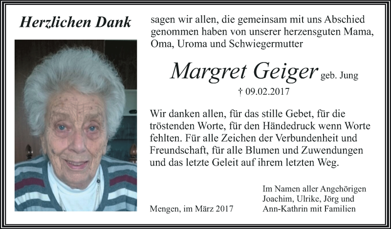  Traueranzeige für Margret Geiger vom 11.03.2017 aus Schwäbische Zeitung