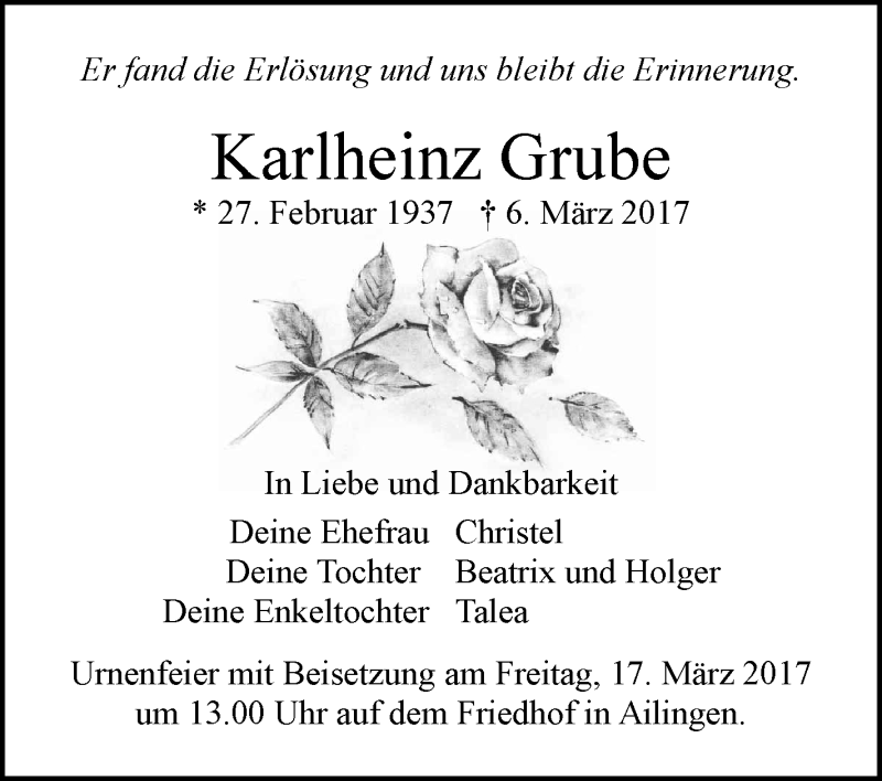  Traueranzeige für Karlheinz Grube vom 13.03.2017 aus Schwäbische Zeitung