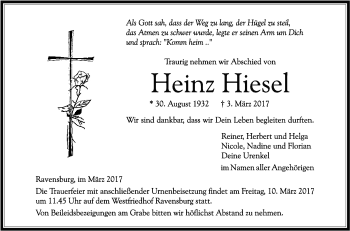 Anzeige von Heinz Hiesel von Schwäbische Zeitung