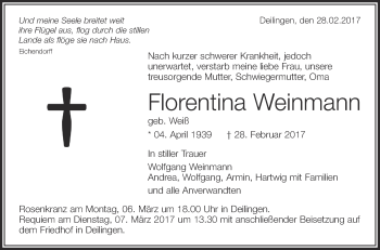 Anzeige von Florentina Weinmann von Schwäbische Zeitung