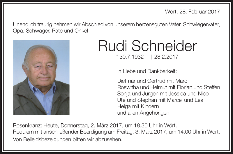  Traueranzeige für Rudi Schneider vom 02.03.2017 aus Schwäbische Zeitung