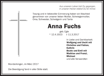 Anzeige von Anna Fuchs von Schwäbische Zeitung
