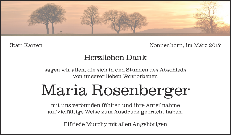  Traueranzeige für Maria Rosenberger vom 31.03.2017 aus Schwäbische Zeitung