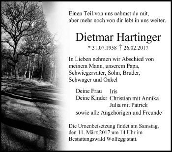 Anzeige von Dietmar Hartinger von Schwäbische Zeitung