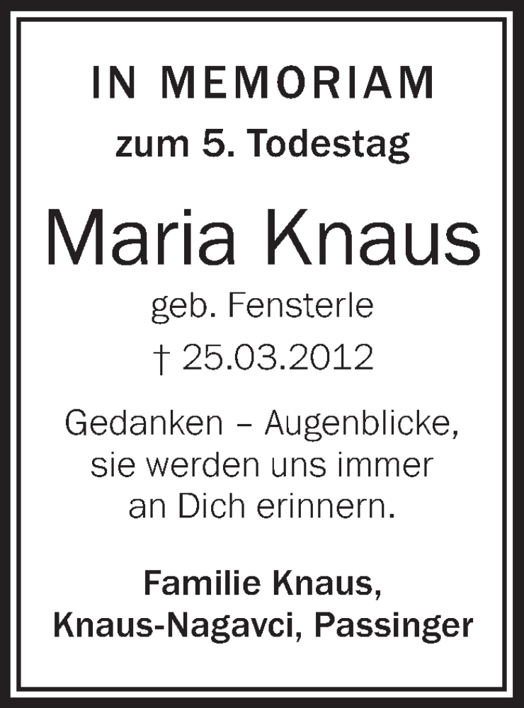  Traueranzeige für Maria Knaus vom 25.03.2017 aus Schwäbische Zeitung