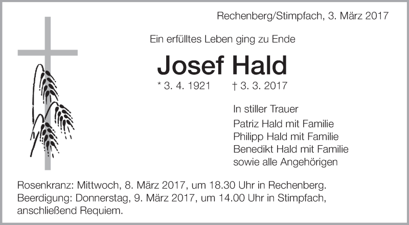  Traueranzeige für Josef Hald vom 07.03.2017 aus Schwäbische Zeitung