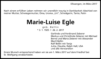 Anzeige von Marie-Luise Egle von Schwäbische Zeitung