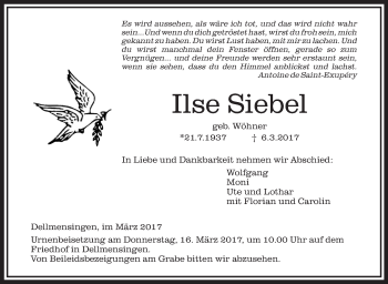 Anzeige von Ilse Siebel von Schwäbische Zeitung