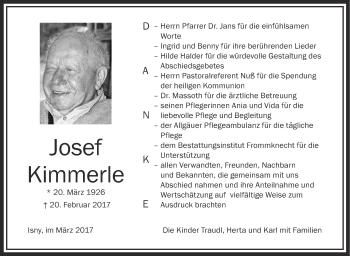 Anzeige von Josef Kimmerle von Schwäbische Zeitung