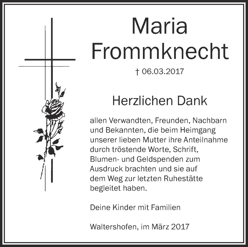 Traueranzeige für Maria Frommknecht vom 23.03.2017 aus Schwäbische Zeitung
