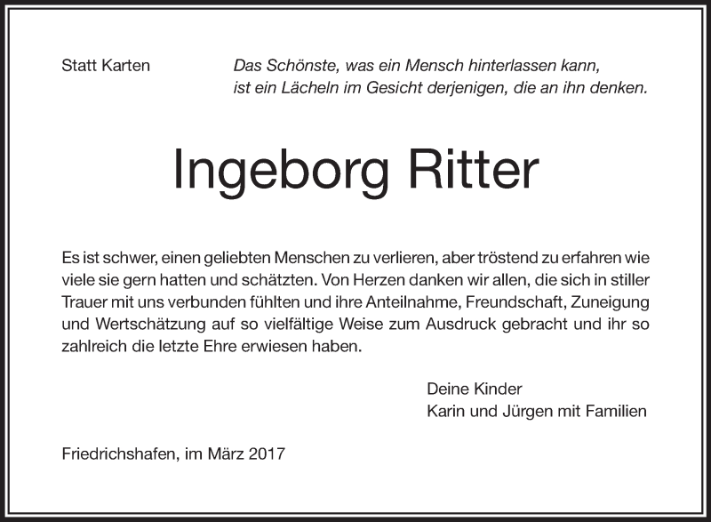  Traueranzeige für Ingeborg Ritter vom 04.03.2017 aus Schwäbische Zeitung