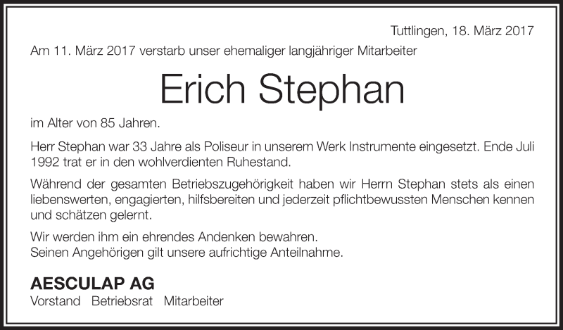  Traueranzeige für Erich Stephan vom 18.03.2017 aus Schwäbische Zeitung