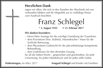 Anzeige von Franz Schlegel von Schwäbische Zeitung