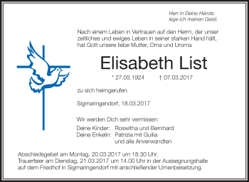 Anzeige von Elisabeth List von Schwäbische Zeitung