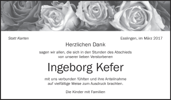 Anzeige von Ingeborg Kefer von Schwäbische Zeitung
