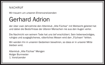 Anzeige von Gerhard Adrion von Schwäbische Zeitung