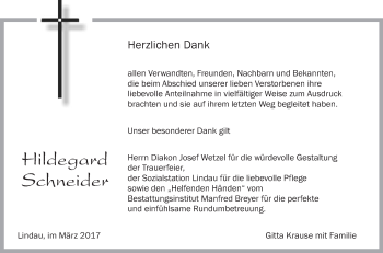 Anzeige von Hildegard Schneider von Schwäbische Zeitung