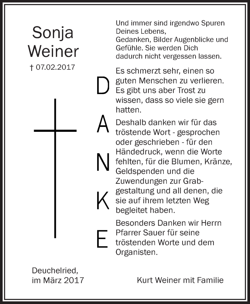  Traueranzeige für Sonja Weiner vom 11.03.2017 aus Schwäbische Zeitung