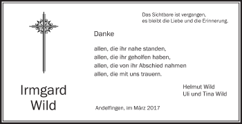 Anzeige von Irmgard Wild von Schwäbische Zeitung