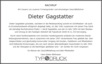 Anzeige von Dieter Gagstatter von Schwäbische Zeitung