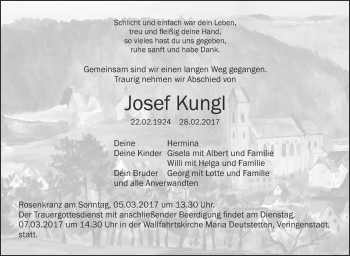 Anzeige von Josef Kungl von Schwäbische Zeitung