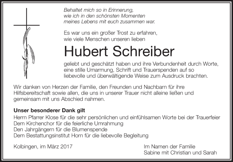  Traueranzeige für Hubert Schreiber vom 18.03.2017 aus Schwäbische Zeitung
