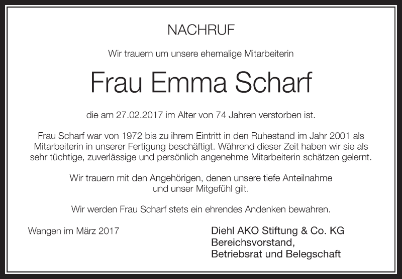  Traueranzeige für Emma Scharf vom 07.03.2017 aus Schwäbische Zeitung