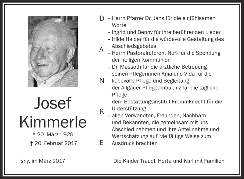  Traueranzeige für Josef Kimmerle vom 18.03.2017 aus Schwäbische Zeitung